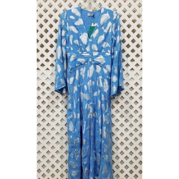 RIXO London Blue Indra Metallic Feather Print Midi Dress - Picture 8 of 15